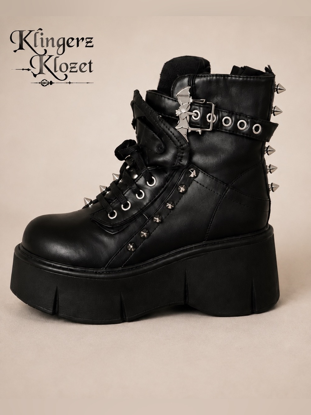 Black Studded Platform Combat Boots | Gothic Bat Buckle | Punk Grunge